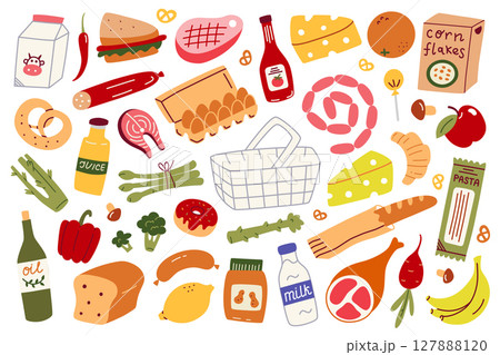 Flat cartoon vector illustration collection of groceries and supermarket food items. Doodle style set with vegetables, dairy, bakery, pantry goods and shopping basket for food packaging 127888120