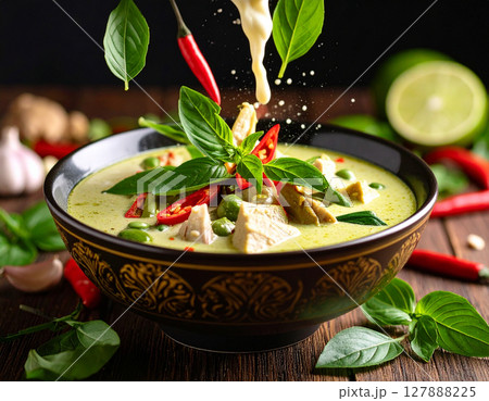 AI generated vibrant thai green curry with fresh ingredients and aromatic herbs falling into ornate thai bowl spicy coconut milk rich flavor asian cuisine authentic cooking 127888225