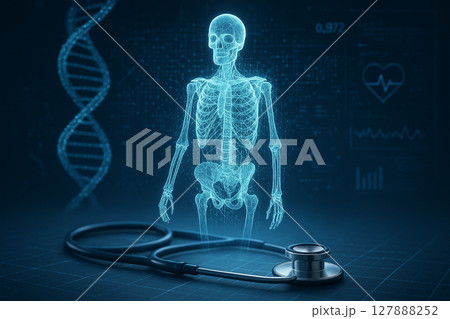 AI generated holographic human skeleton over stethoscope with digital health data DNA and futuristic interface in cool blue tones showing precision and innovation 127888252