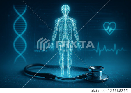 AI generated full body human nervous system in glowing hologram above stethoscope with vascular network DNA and health data interface in cool tones showing precision and medical intelligence 127888255