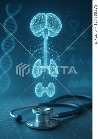 AI generated glowing hologram of pituitary thyroid and adrenal glands above stethoscope with dna strand vascular network and digital interface for advanced medical diagnostics 127888275