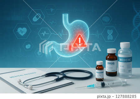 AI generated futuristic medical image featuring a digital human stomach with warning signs surrounded by clinical tools and glowing health data elements in a clean advanced environment 127888285