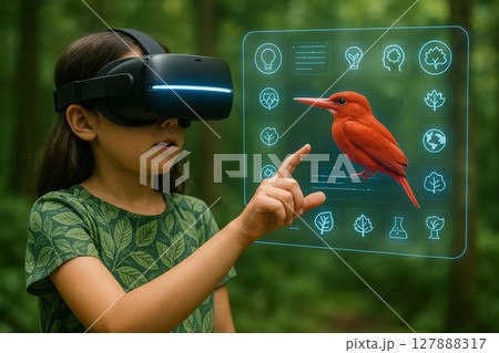 AI generated image of a young girl using futuristic VR to engage with a lifelike holographic ruddy kingfisher surrounded by educational and nature icons in a vibrant forest setting 127888317