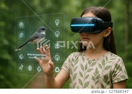 AI generated young girl in leafy shirt wearing futuristic VR headset touching holographic bird with icons about environment and learning in lush forest AI generated young girl in leafy shirt wearing futuristic VR headset touching holographic bird with icons about environment and learning in lush forest 127888347