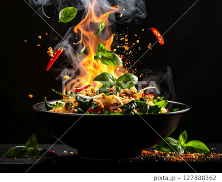 AI generated sizzling thai holy basil stir fry with fresh ingredients falling into ornate thai bowl spicy aromatic street food authentic pad krapow flavor quick meal 127888362