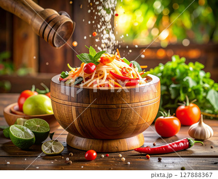 AI generated fresh thai som tum papaya salad ingredients falling into wooden mortar vibrant spicy sour sweet flavors authentic street food healthy crunchy texture 127888367