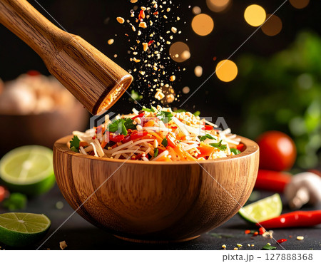 AI generated fresh thai som tum papaya salad ingredients falling into wooden mortar vibrant spicy sour sweet flavors authentic street food healthy crunchy texture 127888368