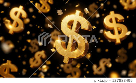 A cascade of golden dollar signs descends, symbolizing prosperity and the idea of wealth 127888499