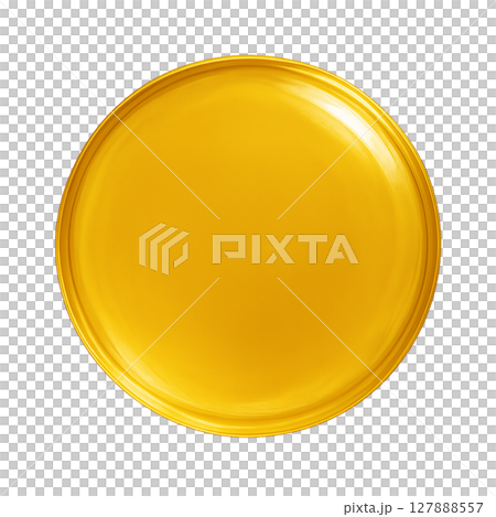 輝く黄色の円形オブジェクト、ガラス風に描かれた黄色の丸い図形、光沢感のある立体的な黄色サークル 127888557