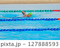 Swimmer child swims freestyle swimming style in a race swimming pool. Water sports and competition, learning to swim classes for children. 127888593