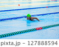 Swimmer child swims butterfly swimming style in a race swimming pool. Water sports and competition, learning to swim classes for children. 127888594