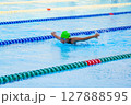 Swimmer child swims butterfly swimming style in a race swimming pool. Water sports and competition, learning to swim classes for children. 127888595