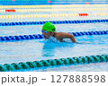 Swimmer child swims butterfly swimming style in a race swimming pool. Water sports and competition, learning to swim classes for children. 127888598