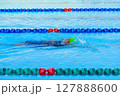 Swimmer child swims backstroke swimming style in a race swimming pool. Water sports and competition, learning to swim classes for children. 127888600