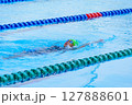 Swimmer child swims backstroke swimming style in a race swimming pool. Water sports and competition, learning to swim classes for children. 127888601