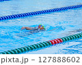 Swimmer child swims backstroke swimming style in a race swimming pool. Water sports and competition, learning to swim classes for children. 127888602