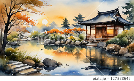 夕日に照らされた日本庭園の水彩画、静けさと和の美しさが溶け合う風景 127888645