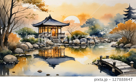 夕日に照らされた日本庭園の水彩画、静けさと和の美しさが溶け合う風景