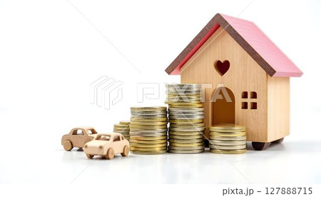 A house surrounded by stacks of coins and a toy car, symbolizing real estate investment opportunities 127888715