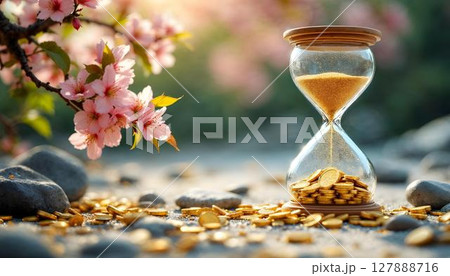 An hourglass placed in front of a tree, surrounded by coins on the ground, symbolizing growth through investment 127888716