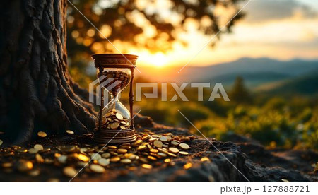 An hourglass placed beside a tree, with coins scattered on the ground, symbolizing the notion of investment growth 127888721