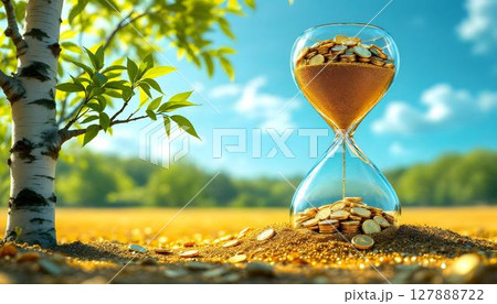 An hourglass situated in front of a tree, with coins on the ground, expressing the concept of investment growth 127888722