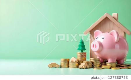 A pink piggy bank next to a house and car on a wooden table, emphasizing the significance of savings and insurance 127888738