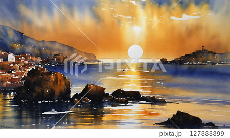 水彩画　海と夕日の見える風景 127888899