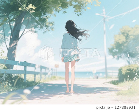 イラスト素材：風に髪をなびかせて歩く少女の後ろ姿 127888931