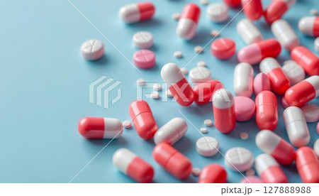 Red and white capsules arranged on a blue backdrop, symbolizing pharmacy and pharmaceutical care 127888988