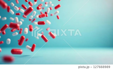 A vibrant display of red and white pills cascades down, encapsulating the essence of the pharmacy concept and the distribution of medications 127888989
