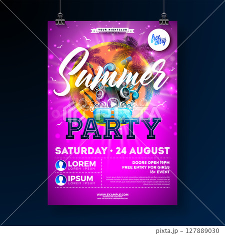 Summer Party Flyer Design Template with Flower, Speakers and Beach Holiday Elements on Pink Background. Vector Summer Music Celebration Illustration with Palm Leaves for Banner, Invitation or 127889030