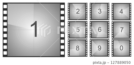 Countdown movie frame, film intro animation retro video screen. Start Timer set, film strip border, Vintage counter. 127889050