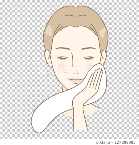 A woman wiping her face with a towel after washing her face A woman wiping her face with a towel after washing her face 127889083