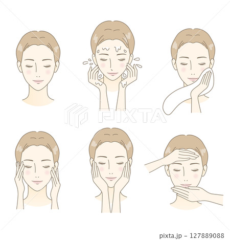 洗顔をしてスキンケアをする女性　セット 127889088