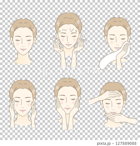 洗顔をしてスキンケアをする女性　セット 127889088