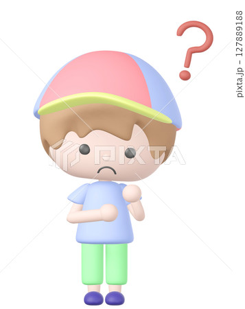 3Dのはてなマークと疑問の表情の男の子のイラスト 127889188
