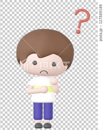 3Dのはてなマークと疑問の表情の男の子のイラスト 127889189
