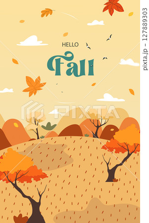 Autumn scenery with warm colors and falling leaves. Vector illustration Autumn scenery with warm colors and falling leaves. Vector illustration 127889303