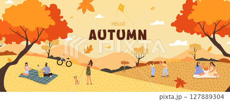 Autumn celebration with families enjoying nature during fall season. Vector illustration 127889304