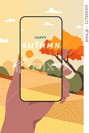 Happy autumn smartphone scene capturing seasonal beauty. Vector illustration 127889305