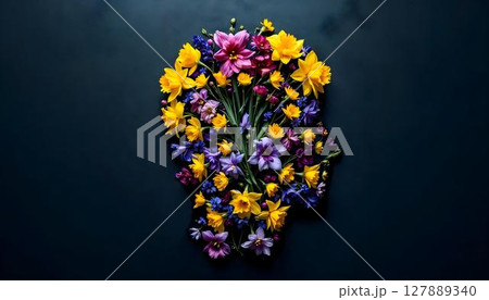 A bouquet designed to look like a head, underscoring the relationship between nature and mental health 127889340