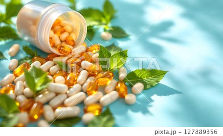 Various pills and capsules scattered across a blue surface, emphasizing a pharmacy theme 127889356