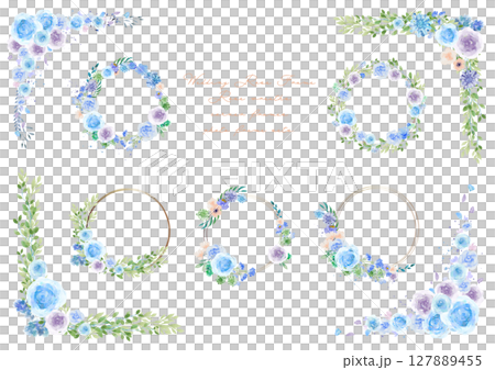 Watercolor blue rose frame and wreath set 127889455