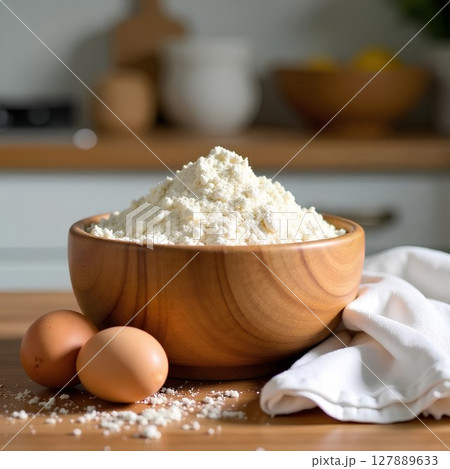 realistic photo, white wheat flour in a round wooden bowl, which stands on the kitchen table, next to it lies a white linen towel and two chicken eggs 127889633