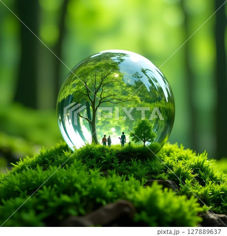 Transparent glass globe ball lies on green moss. Environmental protection and ecology concept Transparent glass globe ball lies on green moss. Environmental protection and ecology concept 127889637