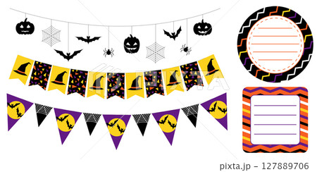Cute Halloween themed garlands and sticker shapes in black orange purple and yellow. Round rectangular and square labels for party invitations scrapbook packaging and festive illustration use. Cute Halloween themed garlands and sticker shapes in black orange purple and yellow. Round rectangular and square labels for party invitations scrapbook packaging and festive illustration use. 127889706