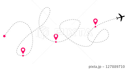 Set of aircraft route lines with dashed and dotted pathways for airplane travel illustrations and global flight tracking maps showing aviation network patterns and sky navigation routes 127889710