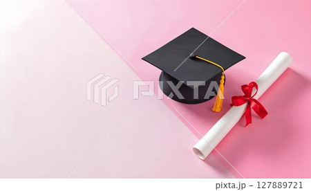 Graduation cap and diploma set on a pink background, embodying the spirit of achievement and the graduation concept Graduation cap and diploma set on a pink background, embodying the spirit of achievement and the graduation concept 127889721