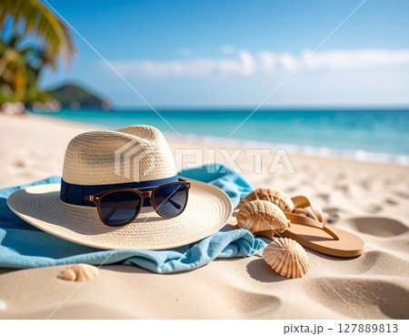 夏のビーチアイテムと砂浜の背景 127889813